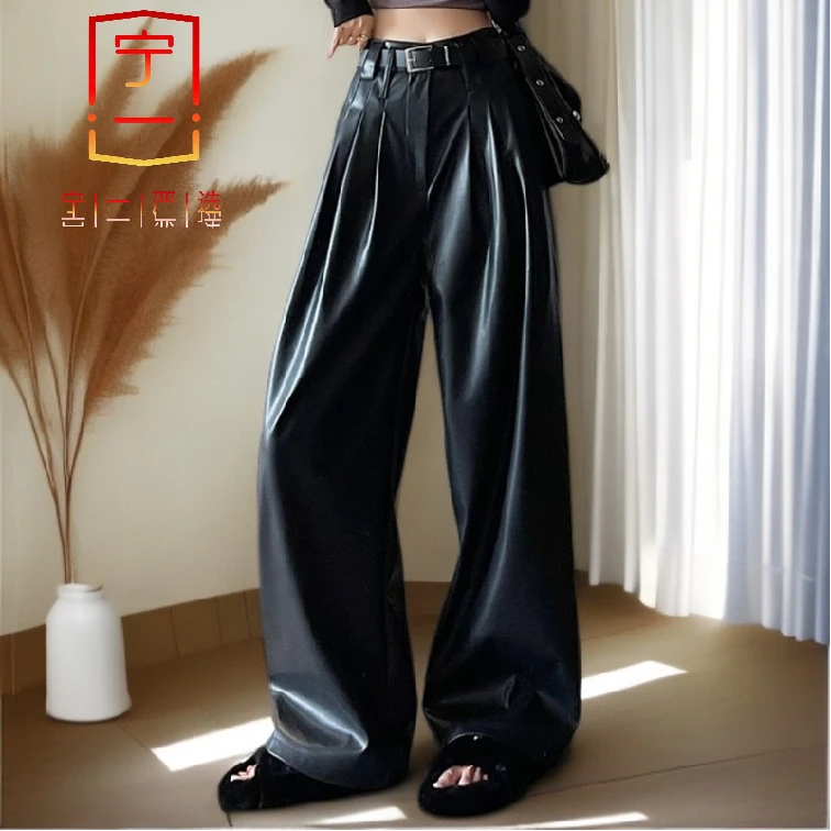 【宁一女装】时尚洋气显瘦休闲黑色PU长裤秋冬直筒韩版新款皮裤高腰