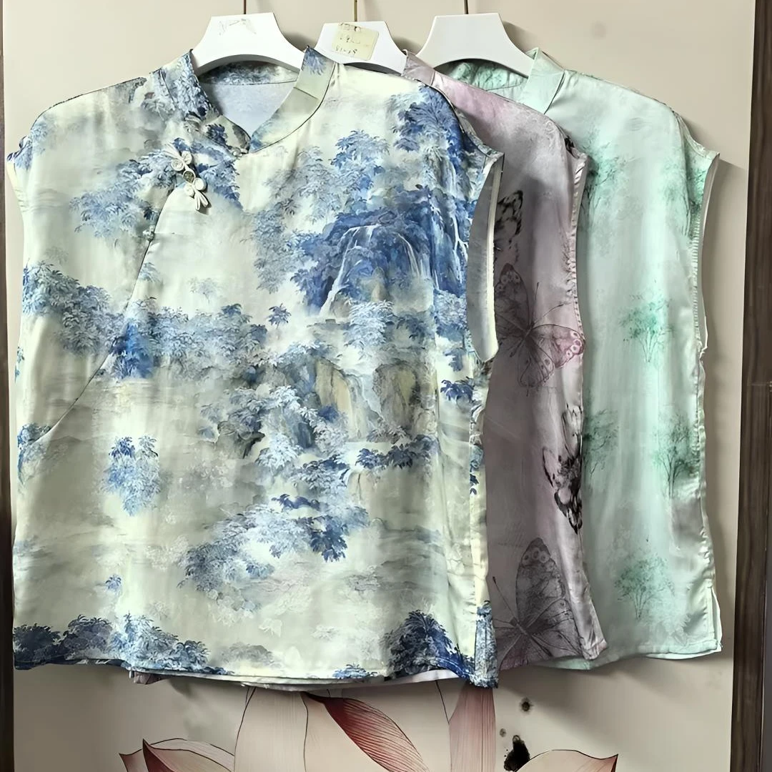 新中式立领常规短袖立体装饰T恤家居服迷彩女款扎染提花上衣532