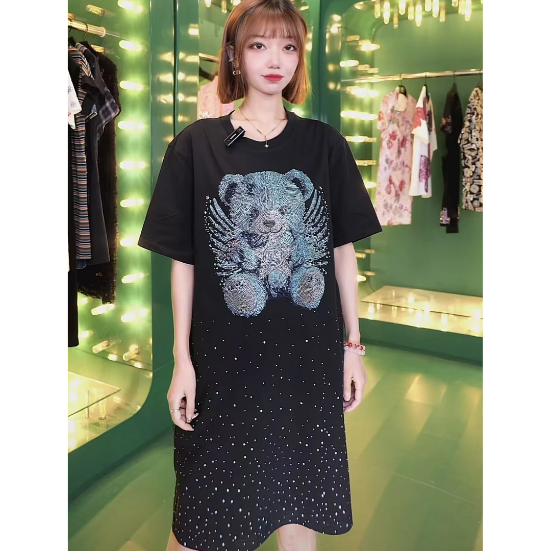 TCH轻奢烫钻蓝色小熊满天星半袖蕾丝夏季轻薄连衣裙T75B30E1231