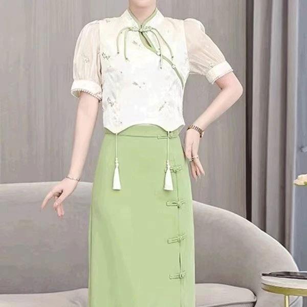（两件套）显瘦女装半身裙连衣裙气质时尚绿色春夏季新中式复古套装