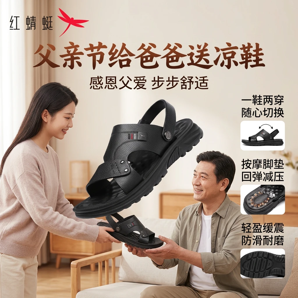 善待每一位辛劳父亲红蜻蜓爸爸凉鞋头层牛皮防滑耐磨让他出行安心商品图