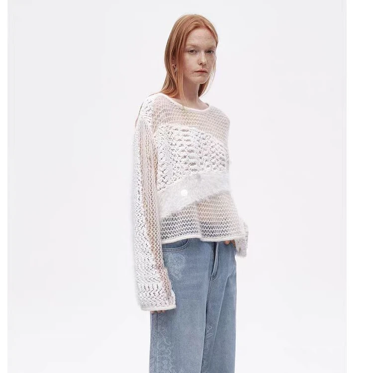 AVVENN2025春季新品灯笼纱套头肌理感松弛慵懒针织套衫