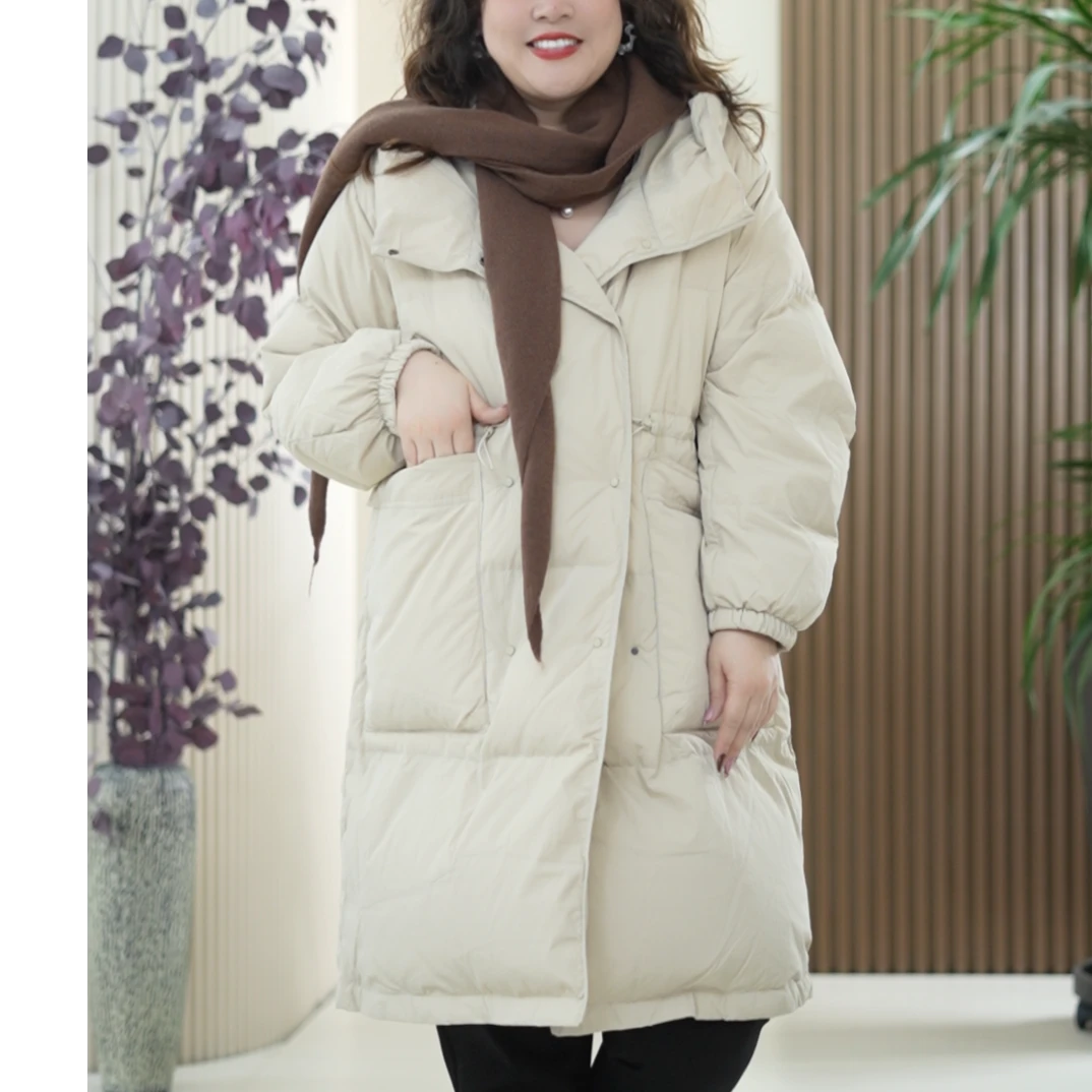 新国标90白鸭绒连帽羽绒服大口袋收腰中长款大码保暖冬季外套女潮