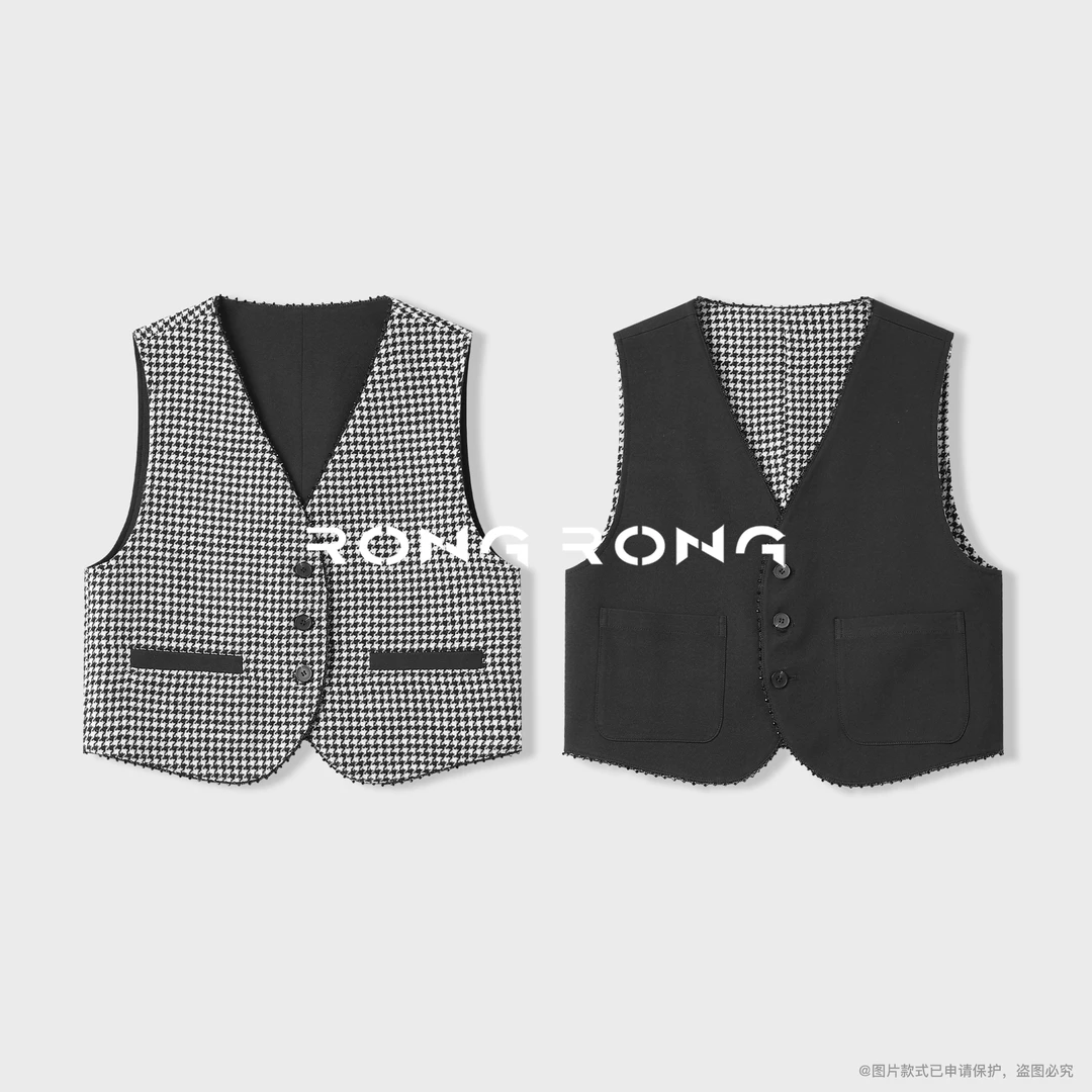 溶溶【格雷世家】RONGRONG 绵羊毛混纺千鸟格轻奢风马夹25C85581