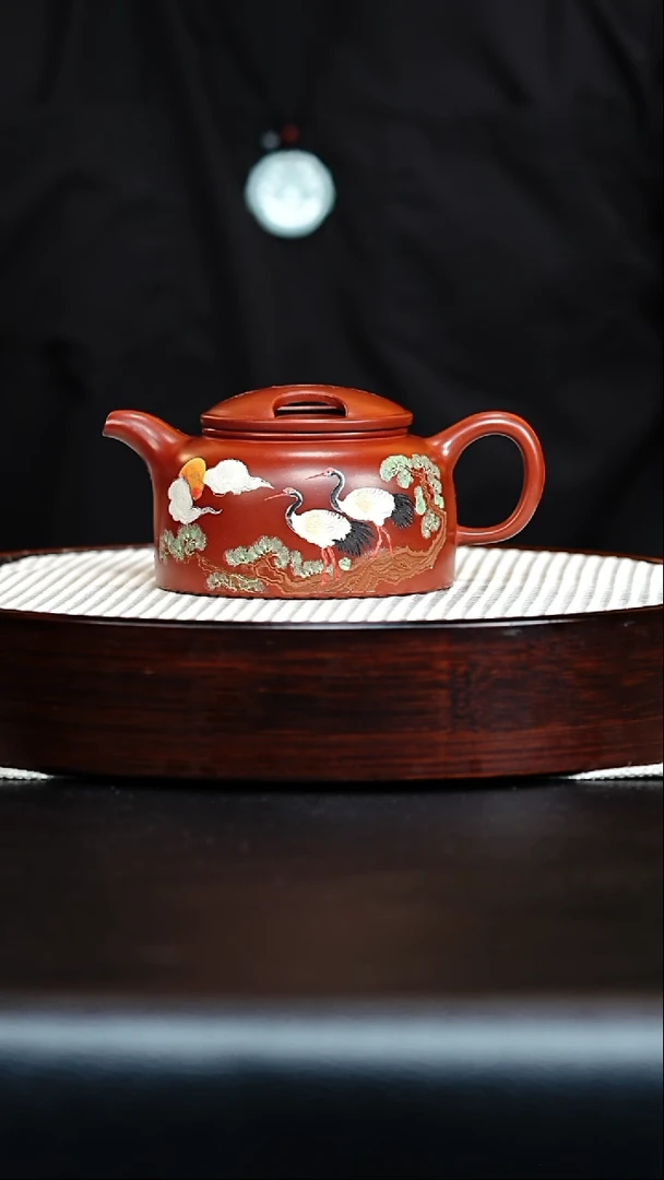 茶壶紫砂宜兴紫砂 松鹤延年 龙血砂 牛盖莲子