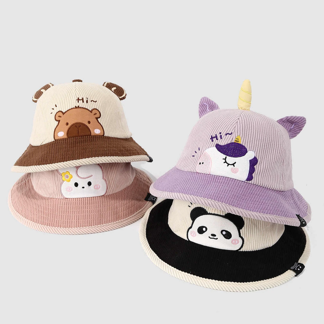 宝宝帽子可爱卡通渔夫帽秋冬季男童灯芯绒女童婴儿盆帽百搭套头帽