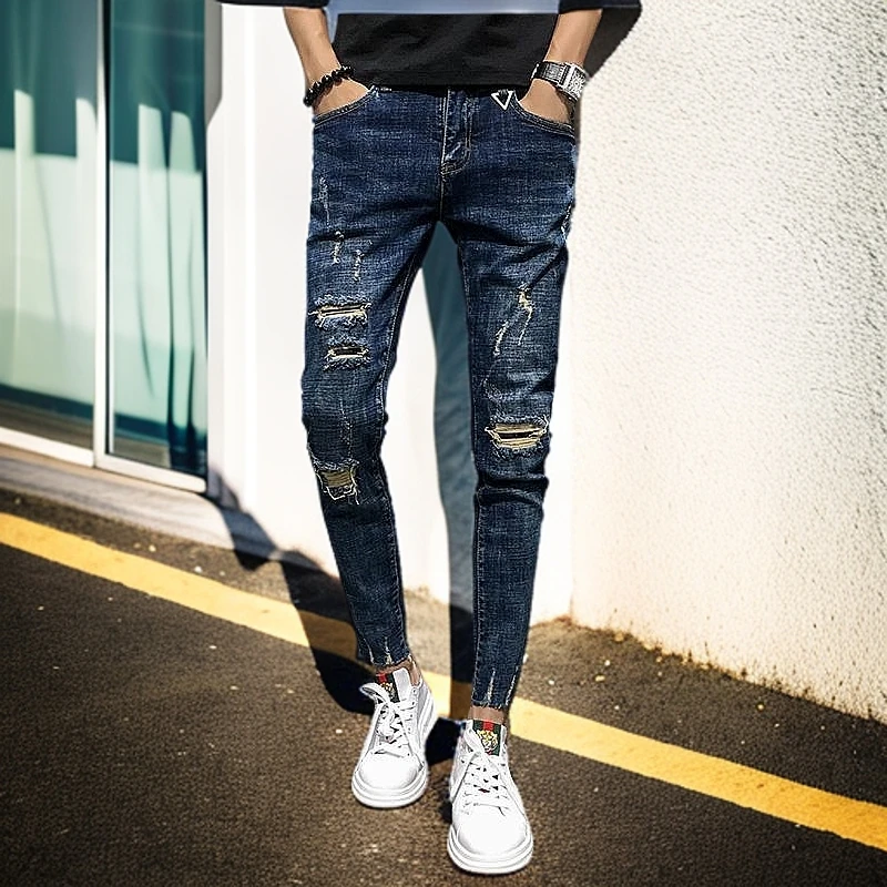 2025年春秋破洞牛仔裤男边乞丐裤9分男牛仔裤韩版修身小脚九分裤