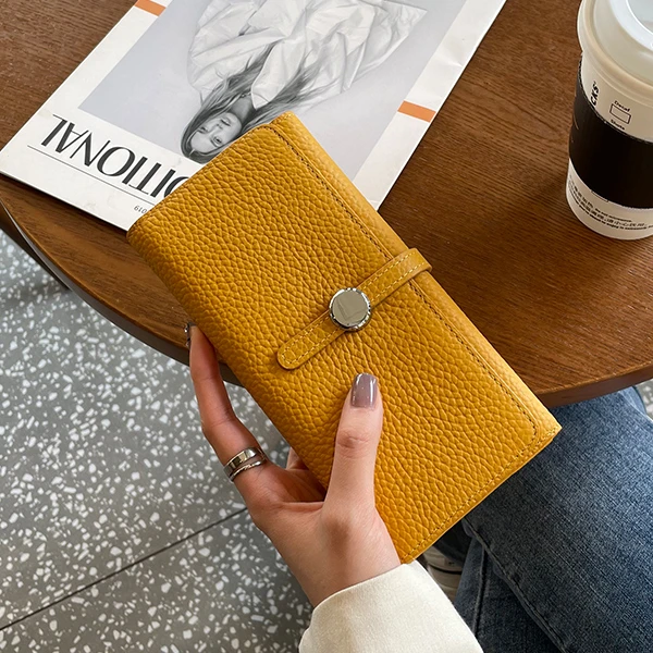 黄色招财长款钱包女真皮2025新款女士手拿包气质大容量抽带钱夹潮