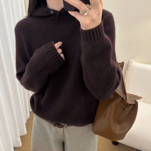 摩卡帽衫」百搭气质~冬季新款连帽针织衫慵懒宽松套头毛衣-5683