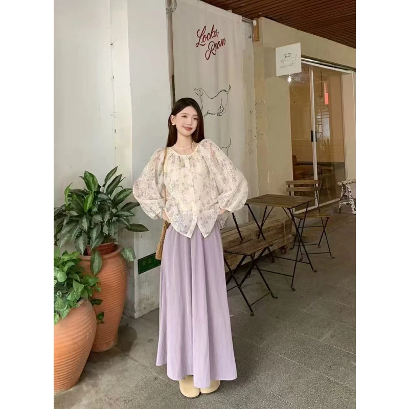 1175031-XH春夏季新款韩版宽松显瘦圆领刺绣上衣松紧腰长裙套装女