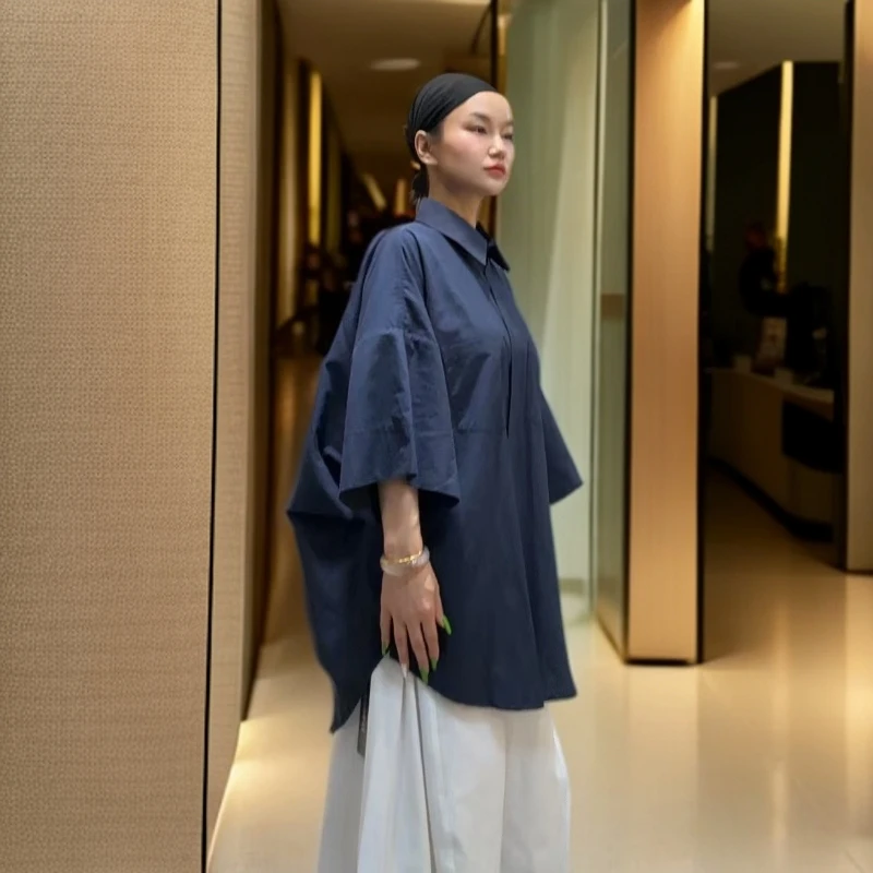 日系宽松慵懒阔版衬衫衬衣白色夏季纯色外套中袖衬衫晚宴场合女装