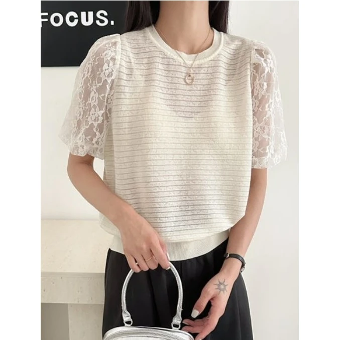 【蔓黛】镂空钩花薄款短袖针织衫女夏季新款气质泡泡袖条纹圆领上衣