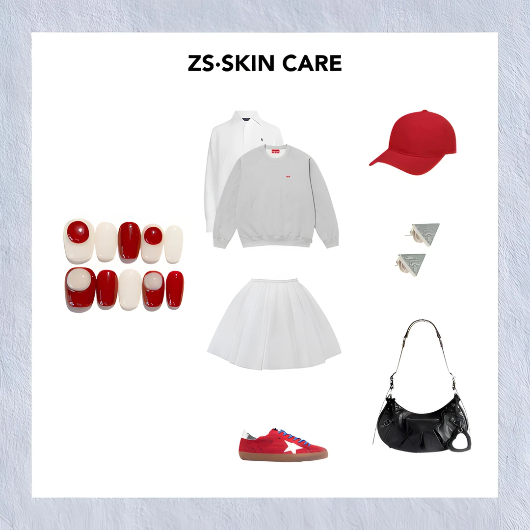 红白珍珠俏皮小众ins风可爱手绘少女感甜妹短T纯手工穿戴甲可拆卸