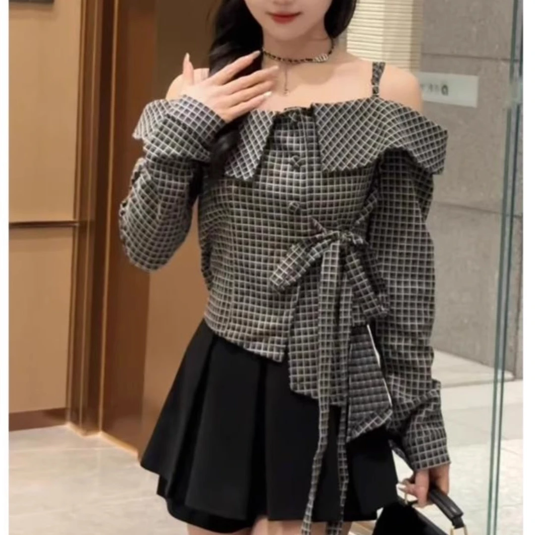 2025新款设计感气质辣妹一字领单排扣绑带格子长袖开衫吊带上衣女