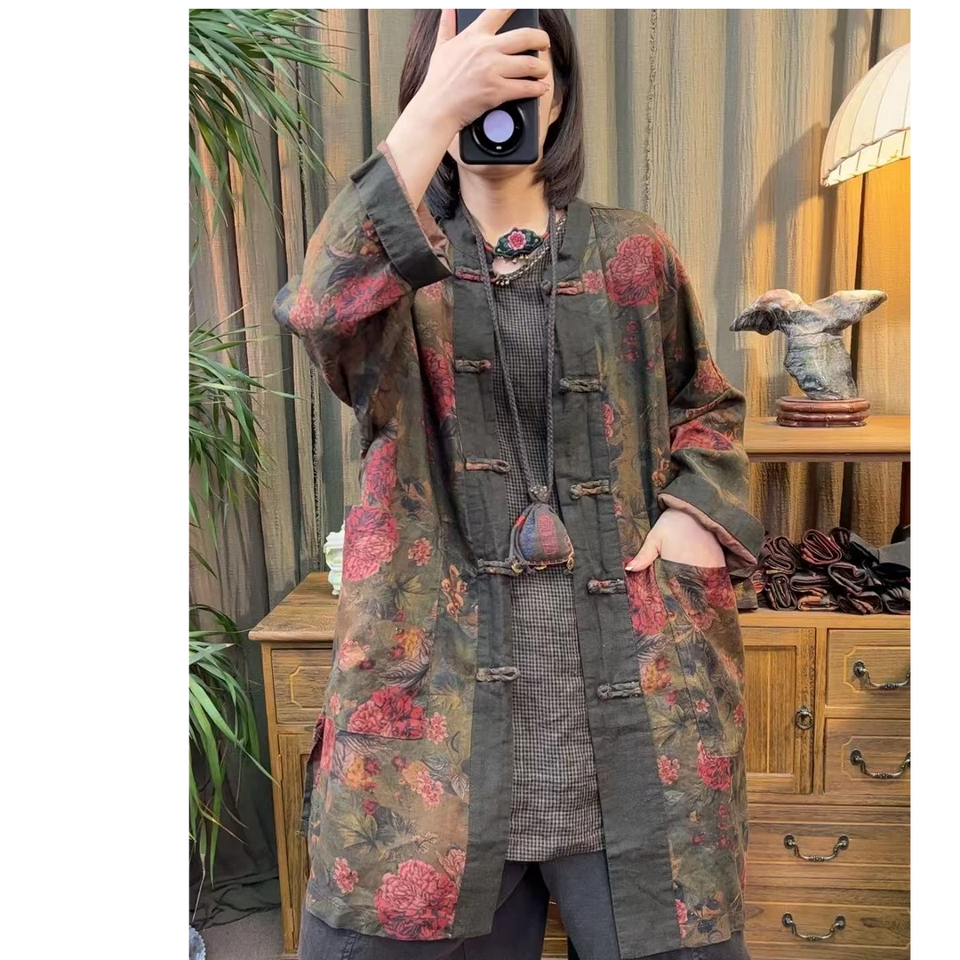 那年  春季新款Y2545亚麻新中式复古盘扣开衫民族风提花风衣