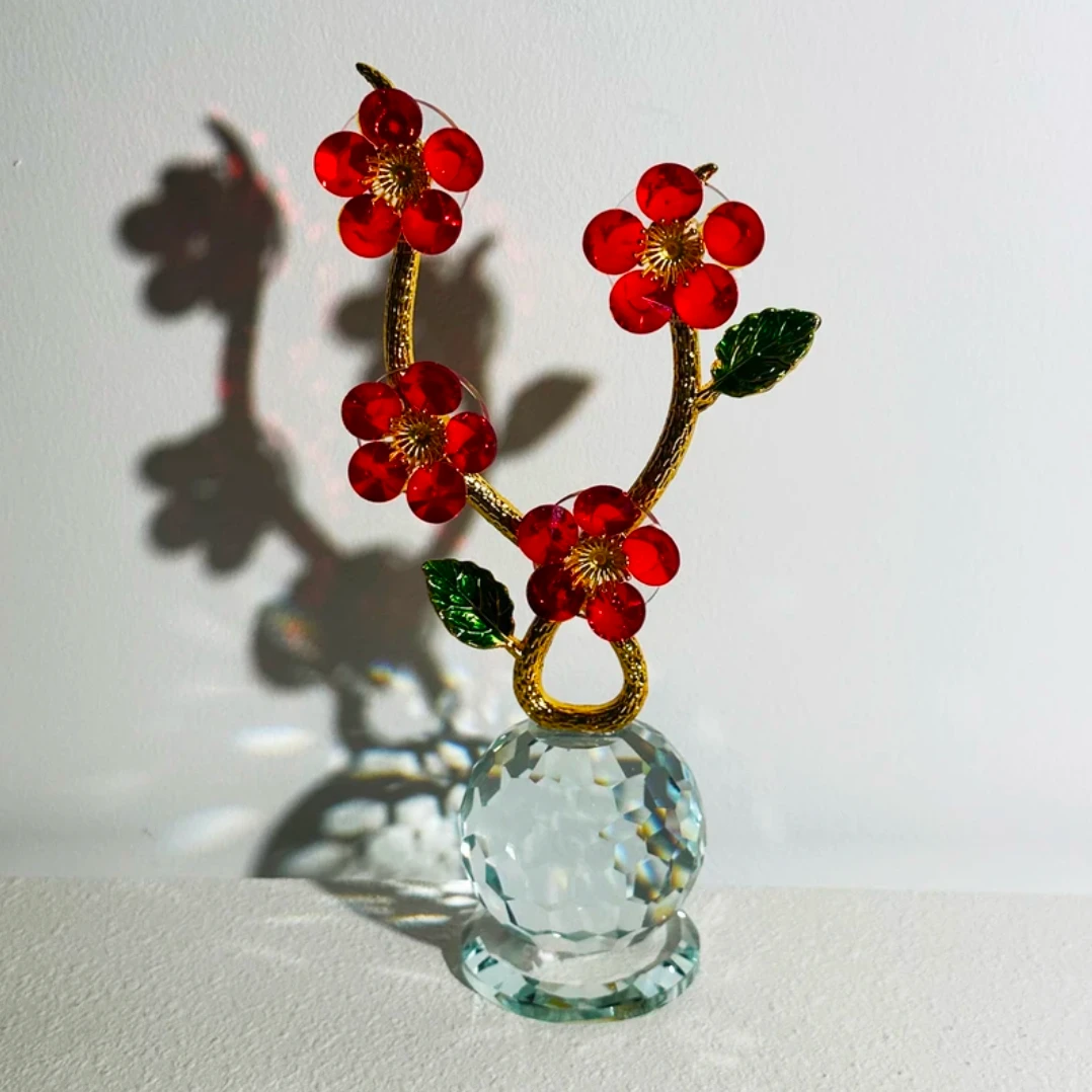 轻奢中式复古水晶红色四头梅花花蕾装饰摆件