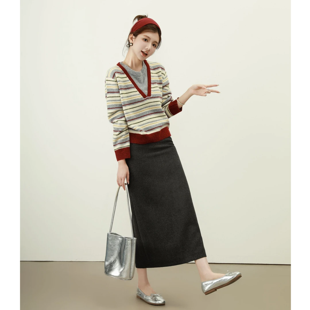 【芝士Cheese】节日香氛 条纹毛衣v领假两件毛衣宽松慵懒复古撞色