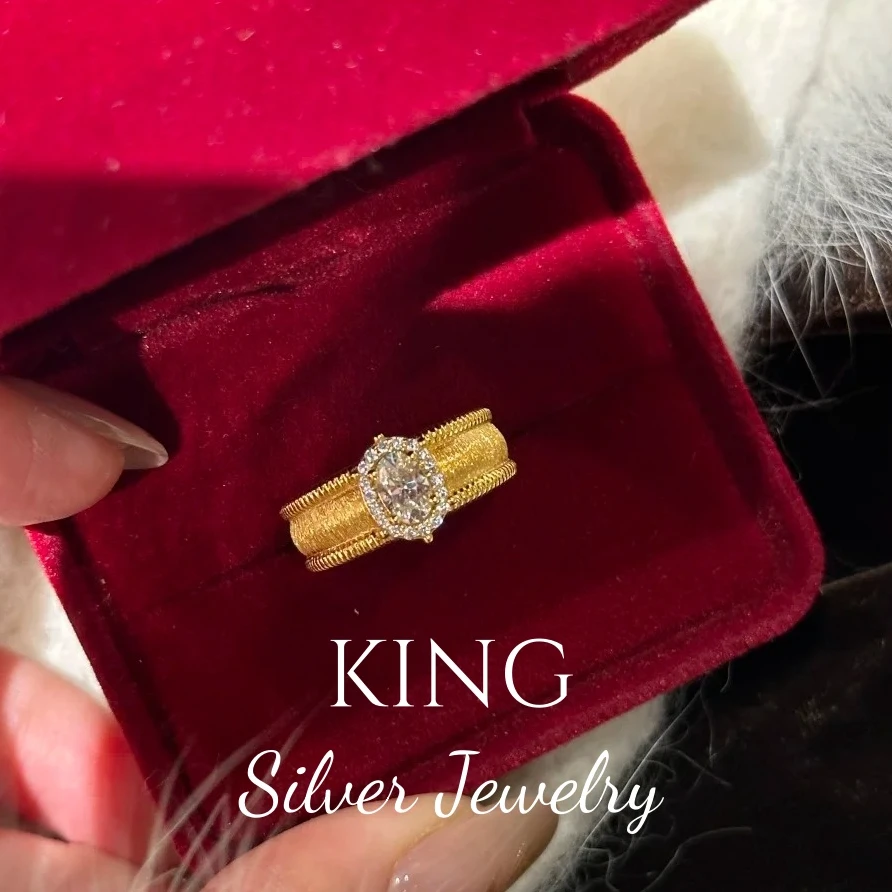 925银锆石戒指 king银饰珠宝拉丝围镶鸽子蛋戒指百搭小众轻奢气质