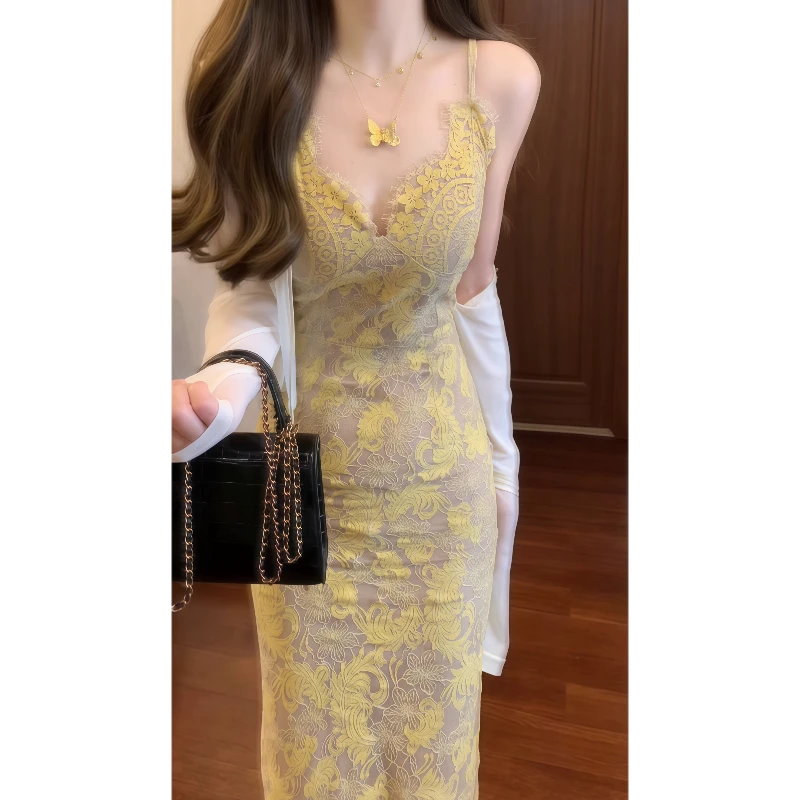 夏季法式气质风情万种蕾丝吊带连衣裙修身包臀裙气质长裙9367