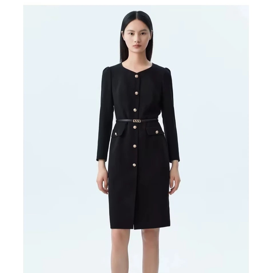 LANCY/朗姿黑色长袖修身显瘦女装连衣裙