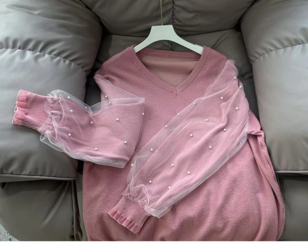 【宠粉浮力】蕾丝拼接针织套头时尚洋气打底长袖上衣 A099