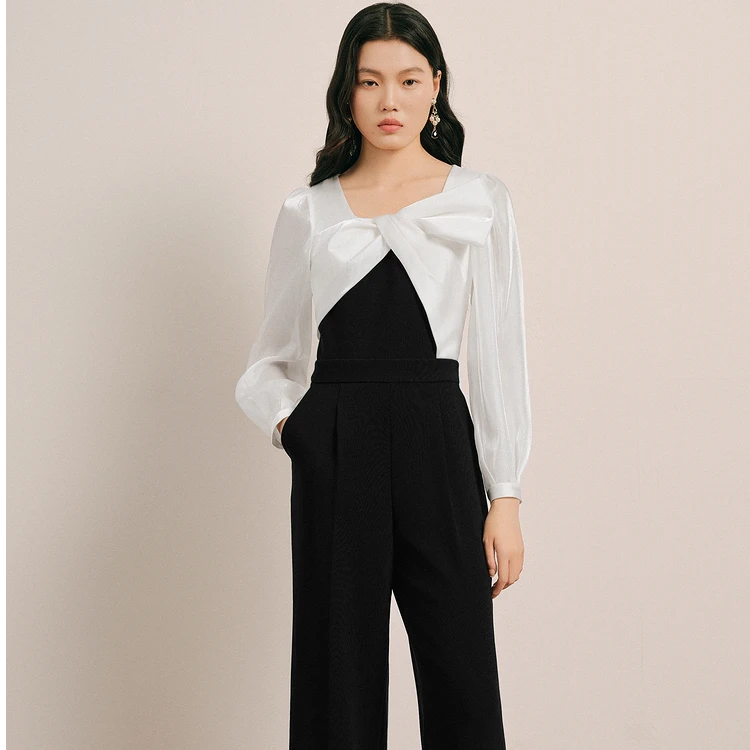 OBBLIGATO奥丽嘉朵流光纱拼接U领蝴蝶结连体服1C35102050