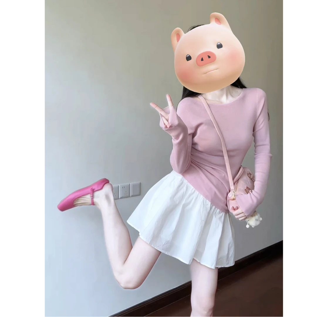 2025春秋新款时尚气质韩系粉色圆领内搭打底上衣搭半身裙显瘦套装