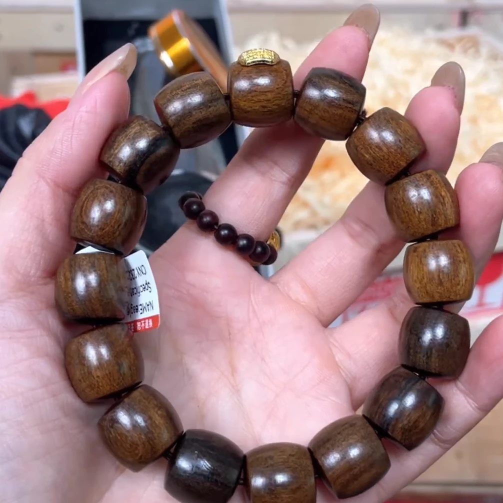增香沉香木严选沉贵宝手串-桶珠直切1.3*1.4+盒子-S1246