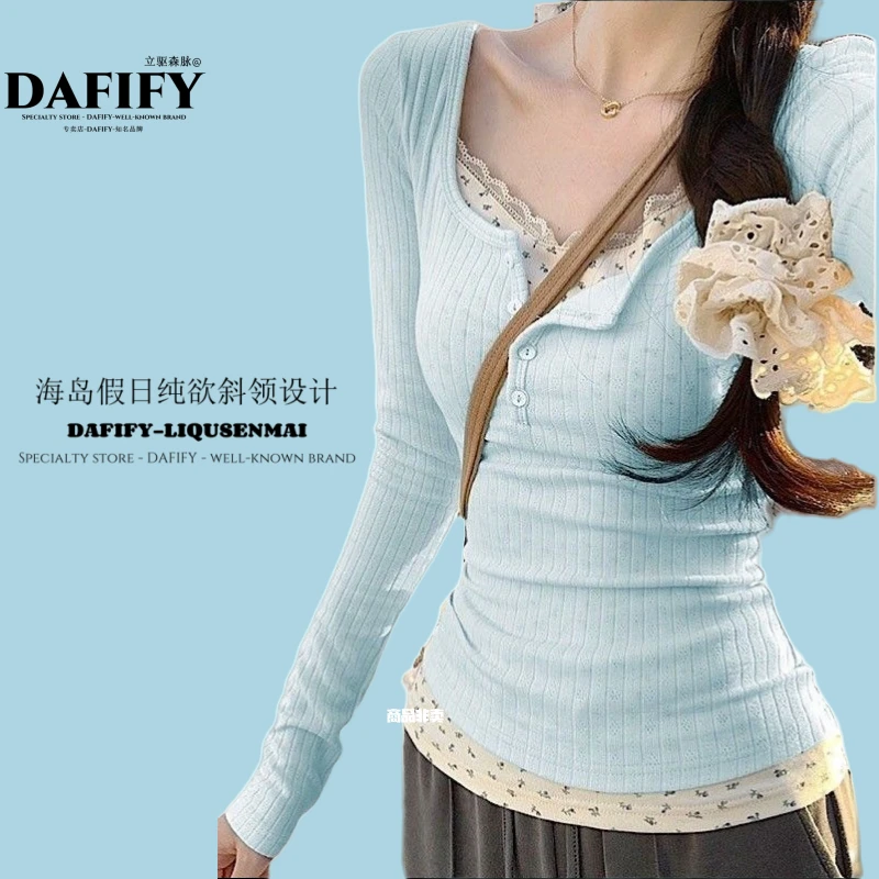 DAFIFY蕾丝拼接提花两件长袖T恤秋冬新款外搭秋季修身独特打底