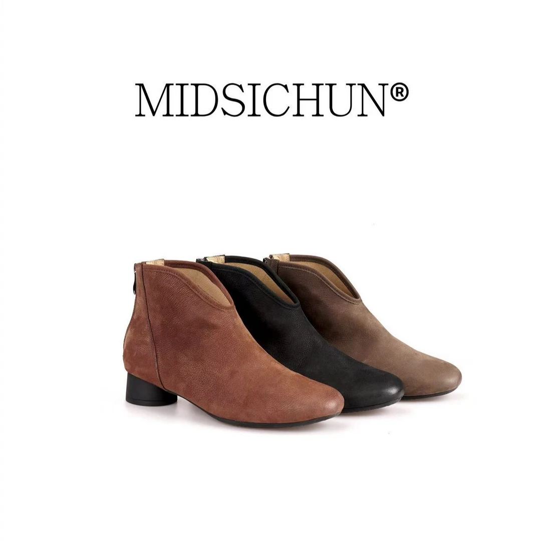 真皮休闲后拉链磨砂短靴平底秋冬粗跟时尚高帮法式复古短筒399-4