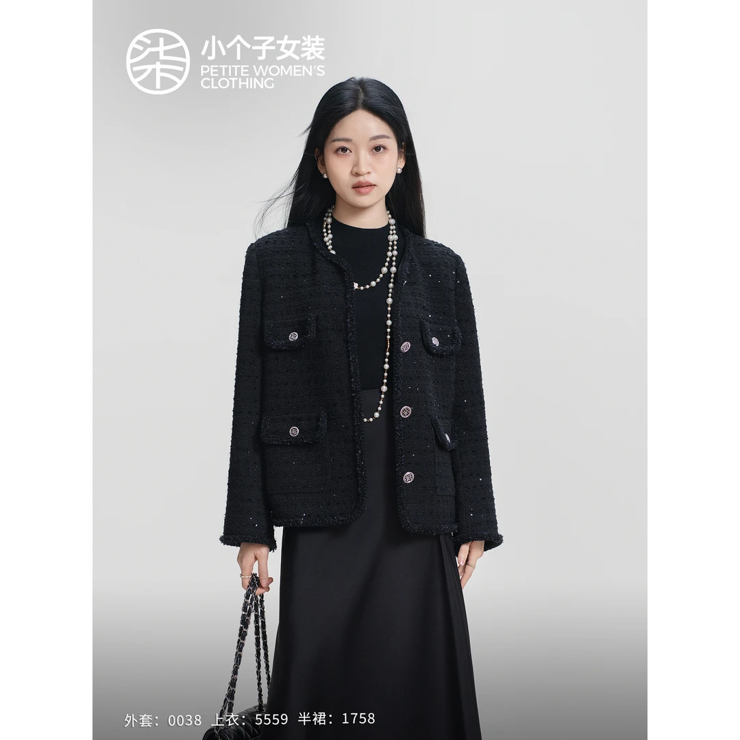 【黑标】【幽香】0038柒量一裁小个子黑细闪花纱感小香花边小香风外套