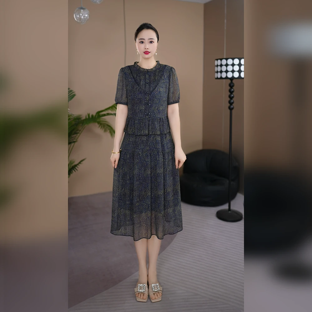 新中式假两件轻薄妈妈淑女连衣裙夏季2025新款大码遮肉显瘦裙子