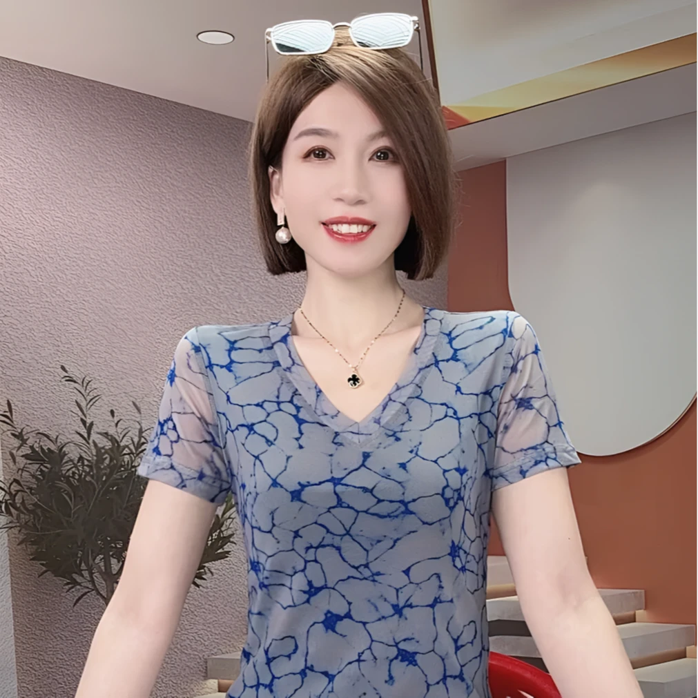 网红洋气炸街女装网纱百搭2025新款夏季花色显瘦上衣T时尚小衫潮t