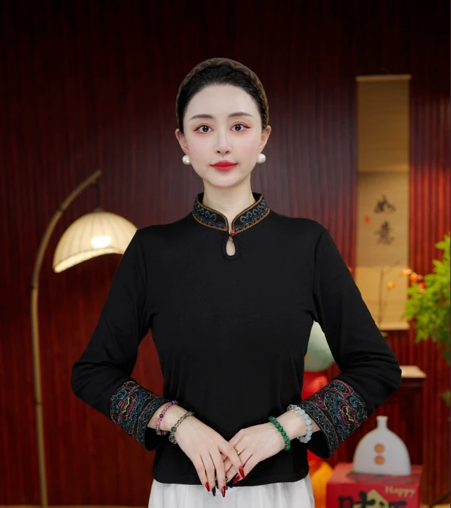 [墨轩] 柒夫人高定新中式刺绣打底衫中国风民族风百搭--蓉蓉