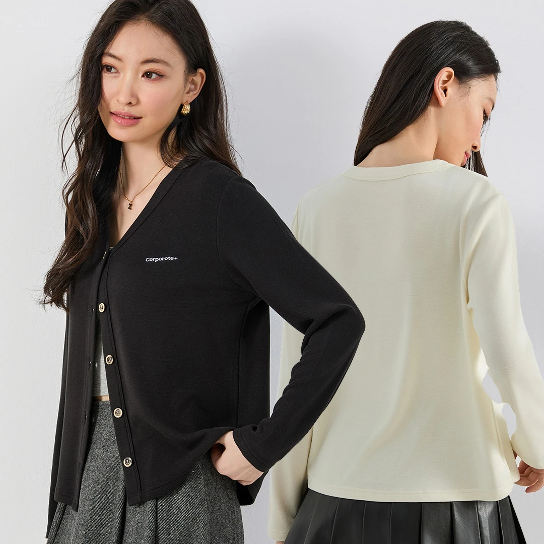 V领薄款针织刺绣/绣花保暖衫圆领打底衫百搭立领