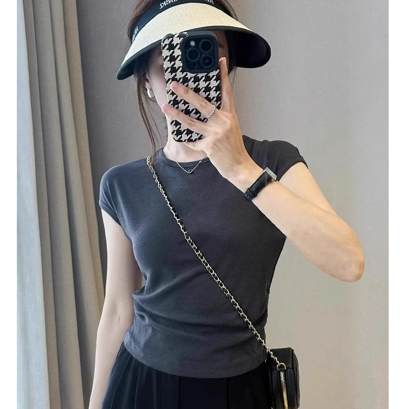 收腰褶皱修身灰色正肩短袖t恤女2025新款夏季气质显瘦短款上衣ins