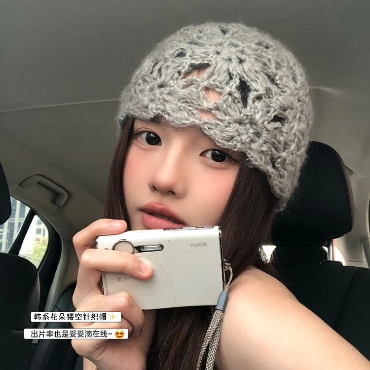 韩国小众手工钩针镂空花卉针织帽女春夏薄款透气包头帽毛线帽女士