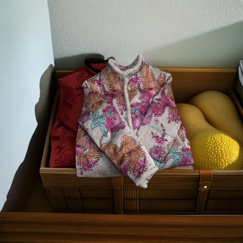 (百鸟朝凤)女式中国风冬季短款大白鹅加绒重工缎面提花外套6092