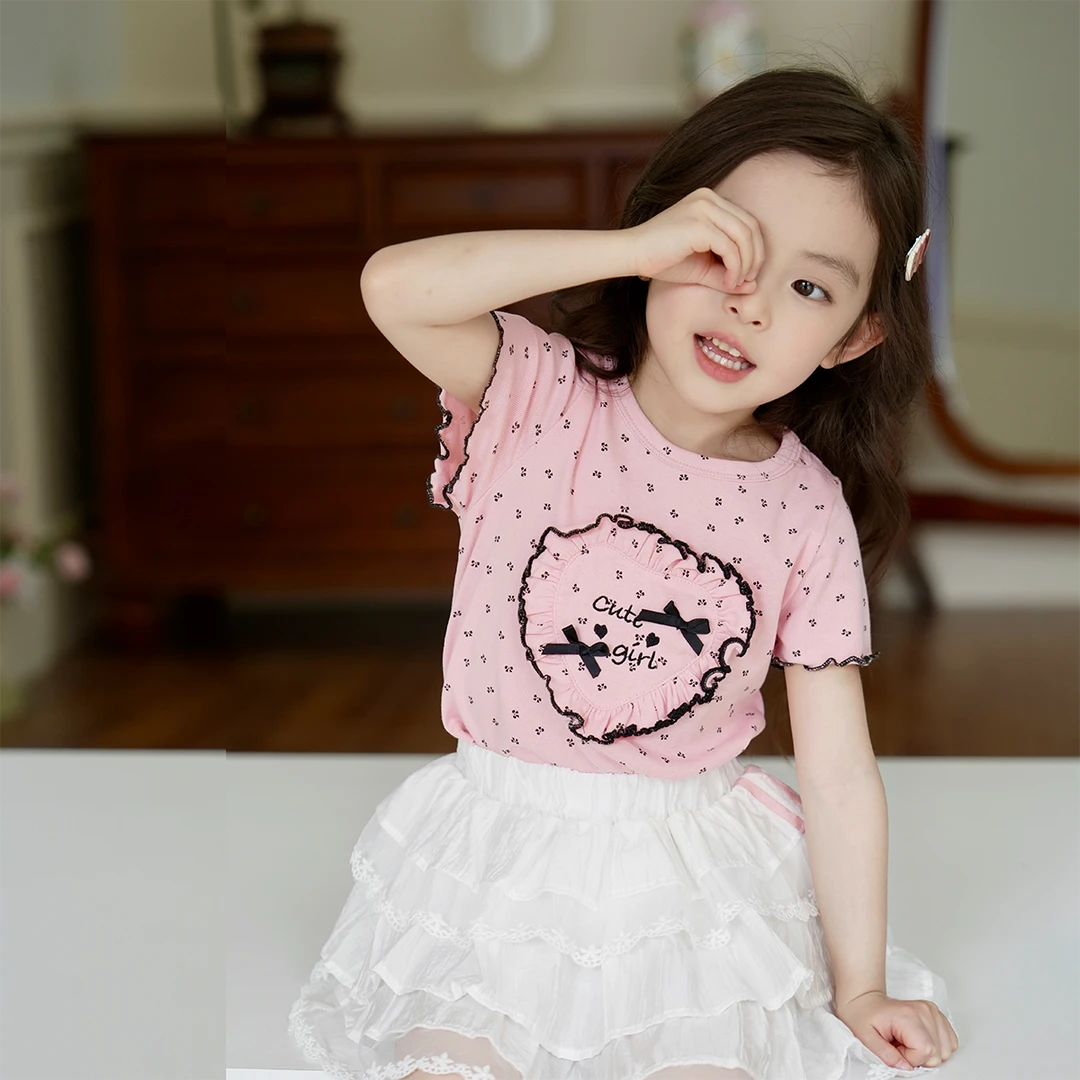 现货【粉色爱心T】夏装5525女童时尚百搭短袖女宝粉色爱心蝴蝶结T恤