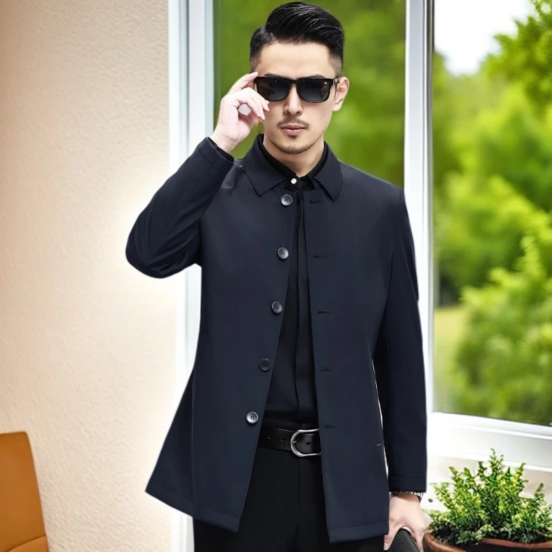 娜罗普西秋季新款抗皱免烫风衣男中长款商务休闲翻领夹克男装外套