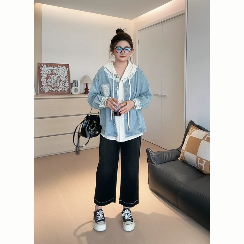 【胖佳佳】现货~佛罗里岛 蕾丝拼接牛仔外套秋季气质百搭H625Z13322