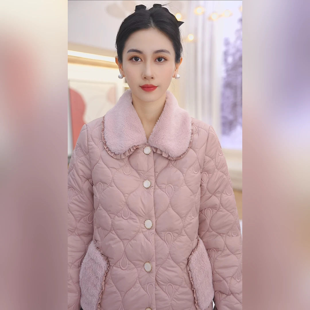 秋鹿法兰绒薄夹棉翻领女冬季保暖睡衣