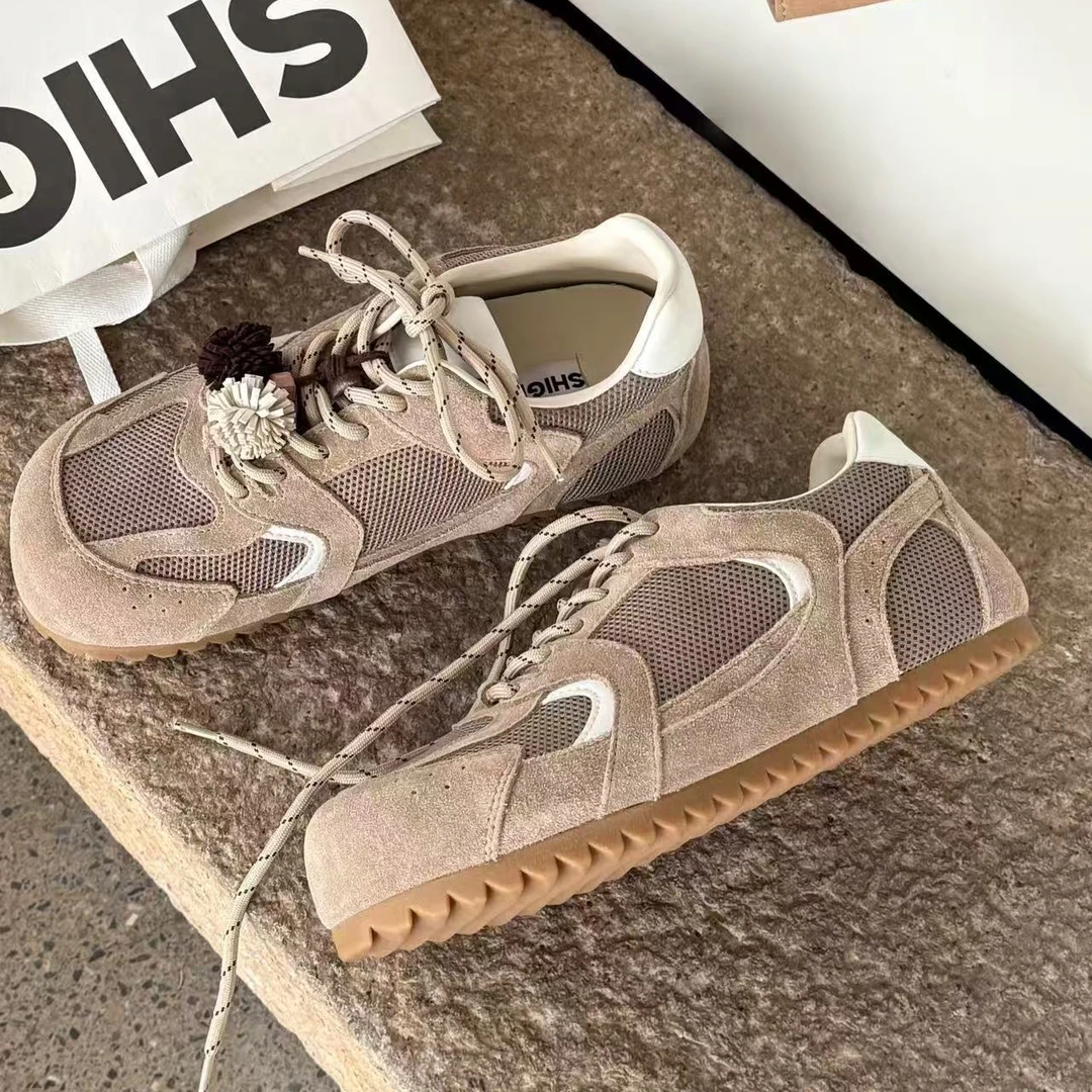 诗歌兰女鞋2025新款时尚小众真皮网面透气韩版休闲复古系带阿甘鞋