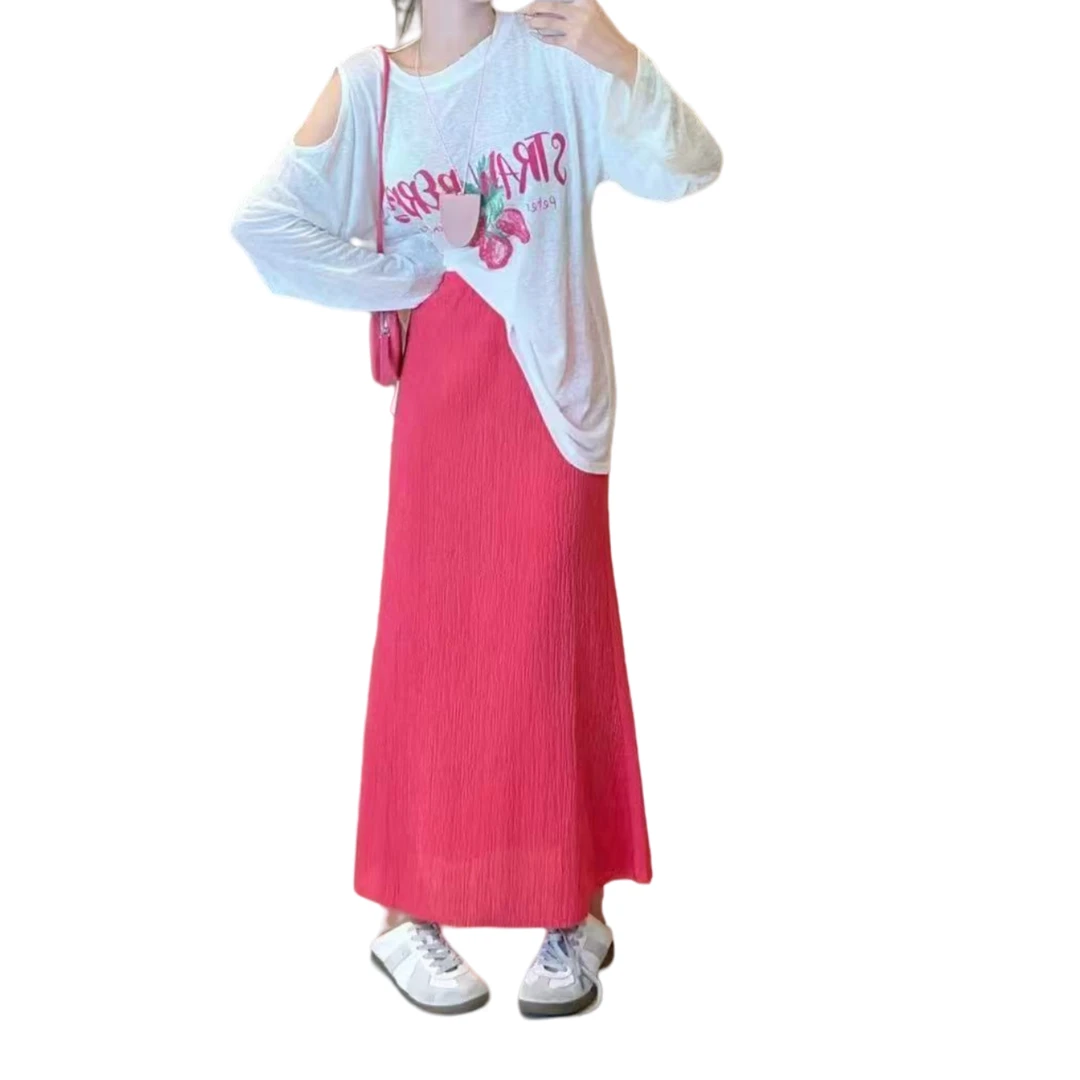 老郭的玫红色松紧腰半身裙中长款女高腰夏季新款开叉裙