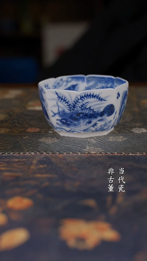 望月怀古满绘鱼藻八方杯