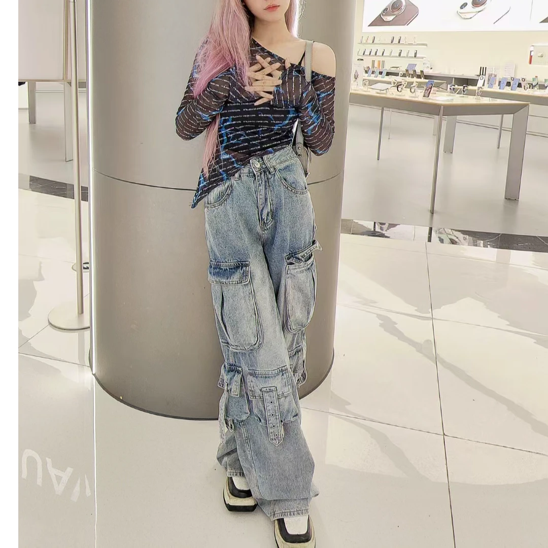 （1号）女装牛仔裤春夏季显瘦直筒百搭复古宽松破洞拖地裤渐变阔腿