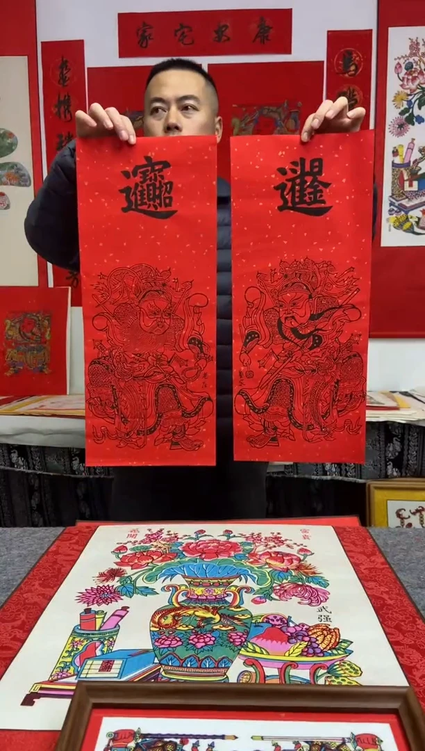 龙虎门神画心一对手工制作精品