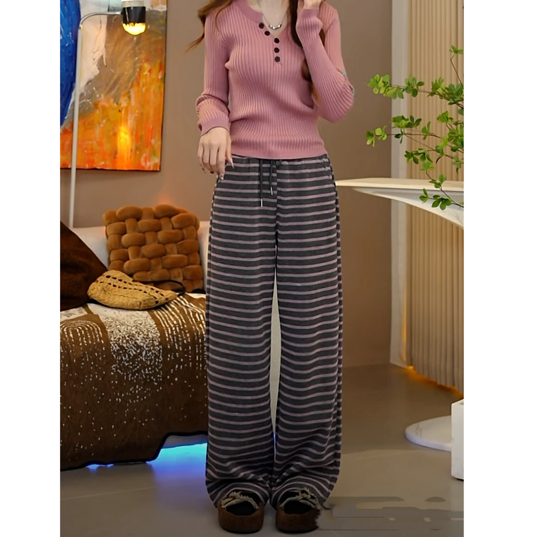 设计感灰粉色条纹拼接宽松阔腿裤薄款女2025春季新款高级直筒裤