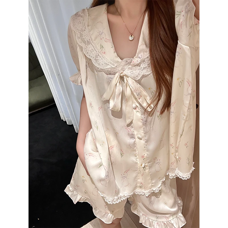 【碎花兔子】温柔甜美风蕾丝边冰丝短袖睡衣女夏季新款套装家居服女