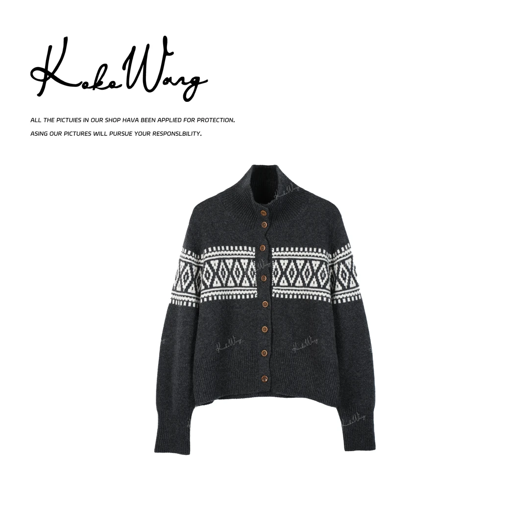 KOKO WANG秋冬慵懒风357针粗针工艺100绵羊毛针织开衫N8135L10Z41
